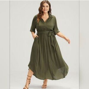 BloomChic Button Down Collar Shirt Belted Pockets Maxi Dress Army Green 18-20 2X